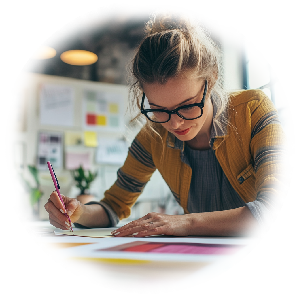 a woman working at a desk on on graphic design