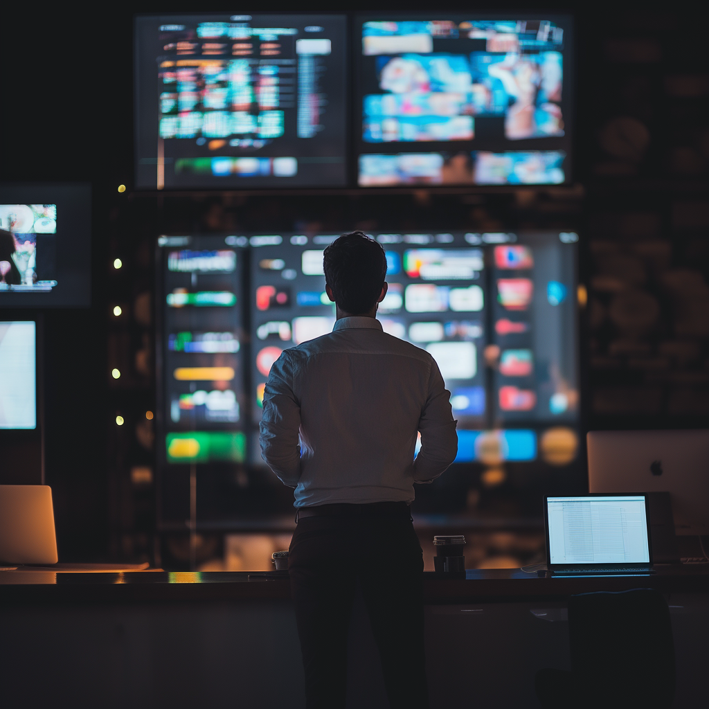 a man in front of multiple screens doing SEO research