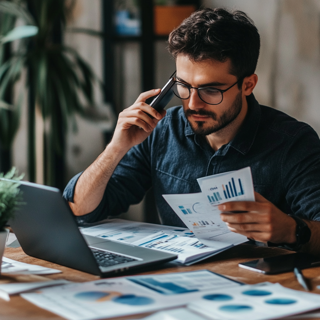 man working at a desk answering a phone