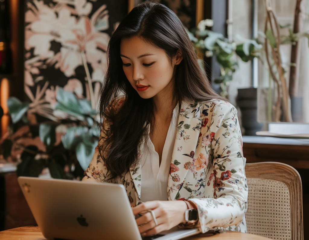 woman sitting at a desk with a laptop writing a blog post